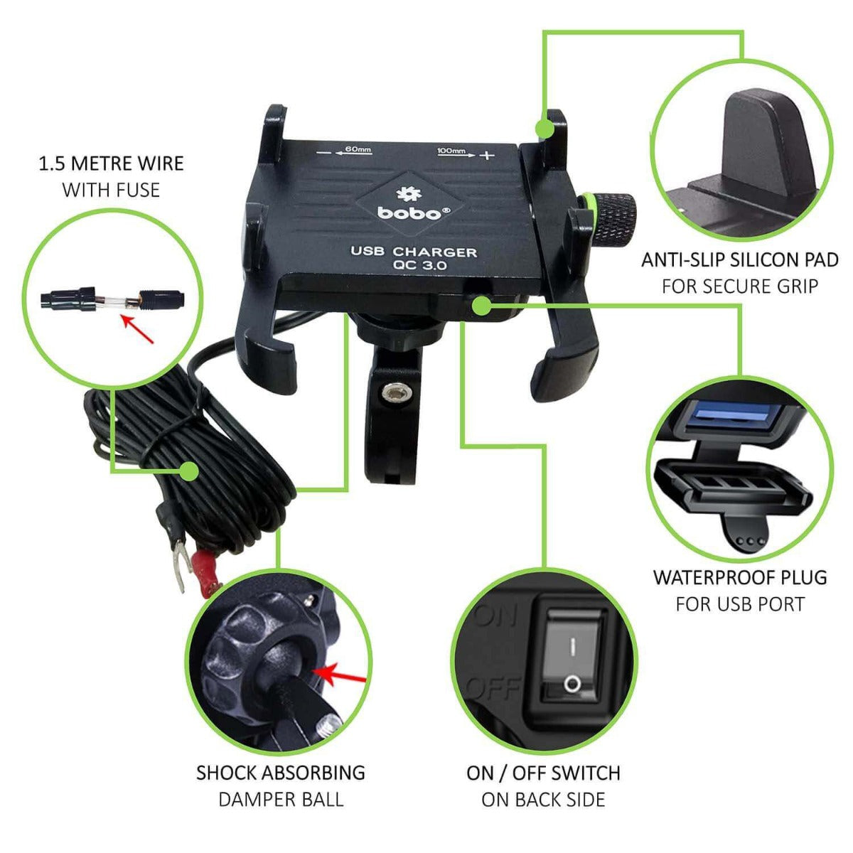BOBO BM5 CLAW-GRIP ALUMINIUM MOBILE HOLDER WITH CHARGER