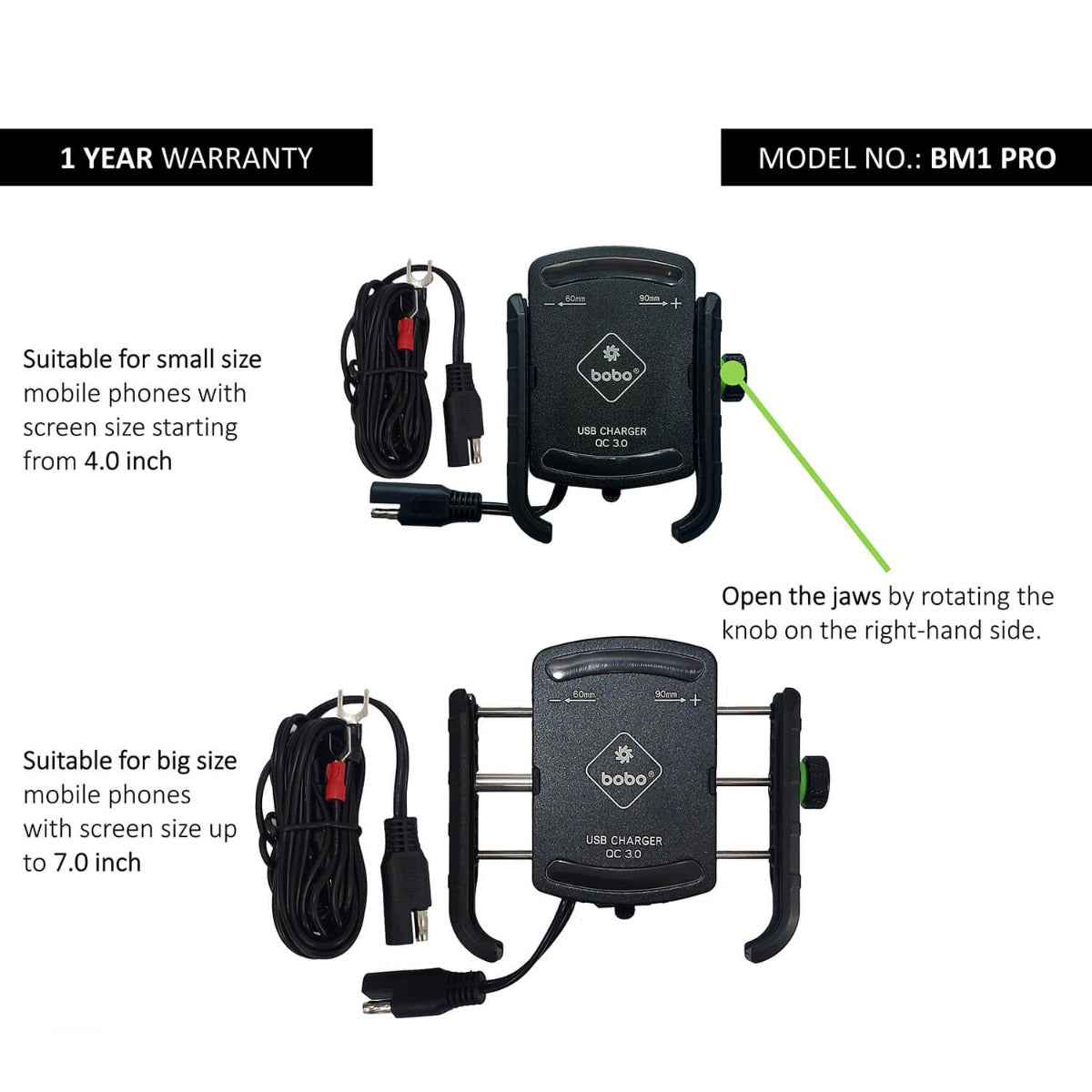 Bobo Bm1 Pro Jaw-grip Mobile Holder with Fast USB 3.0 Charger